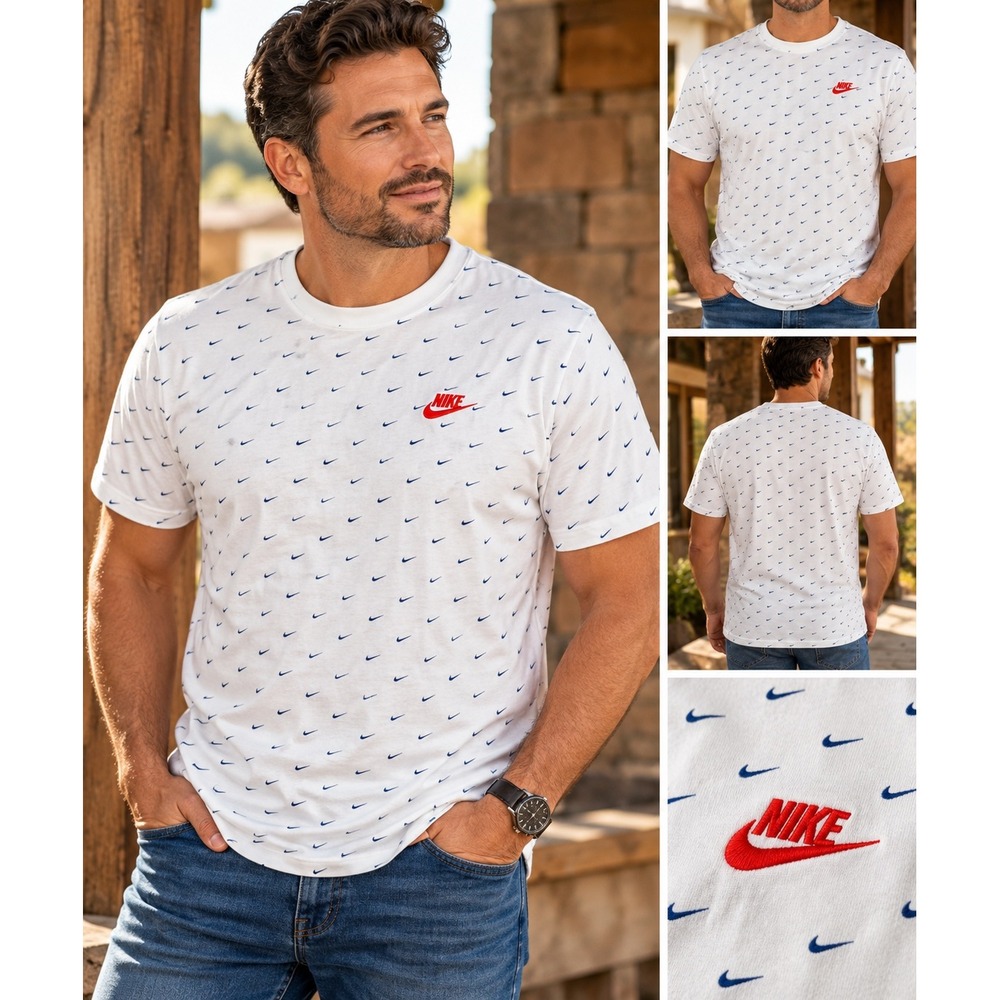 Nike Mens All Over Print Swoosh Logo T-Shirt White Blue Red CV5590-101 Medium